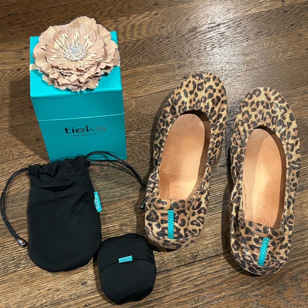 Tieks Leopard Print Ballet Flats with Turquoise Accents